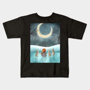 Nordic she gnome and rabbits in the snow, night forest watercolor illustration. Moonlight winter enchanted forest. Kids T-Shirt